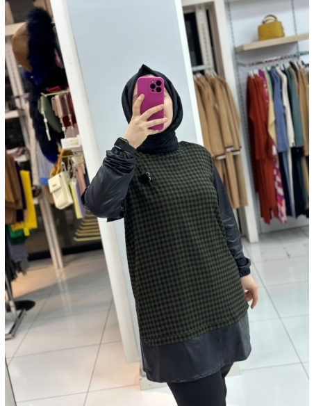 N Prive Deri Detaylı Kareli Tunik HAKİ