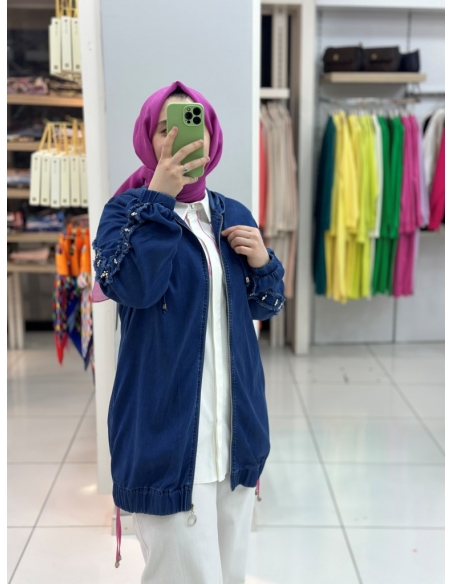 N Prive Tilsitme ve Taşlı Kot Trenç koyu mavi