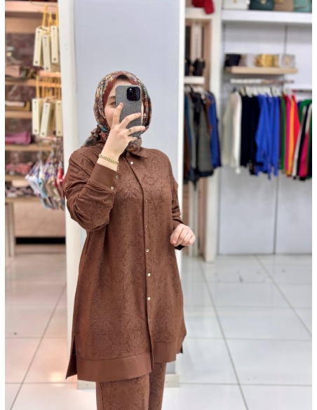 Levidor Etnik Desen Jakarlı Takım 100234 KAHVE