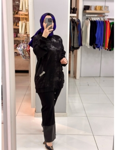 N Prive Jakarlı Deri Detaylı Takım Siyah