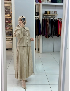 LEVİDOR GÜPÜRLÜ KETEN TAKIM 130999  BEJ