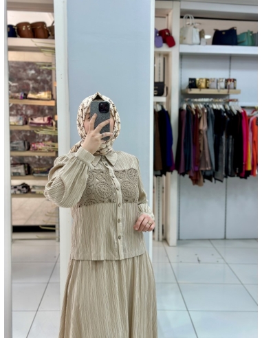 LEVİDOR GÜPÜRLÜ KETEN TAKIM 130999  BEJ